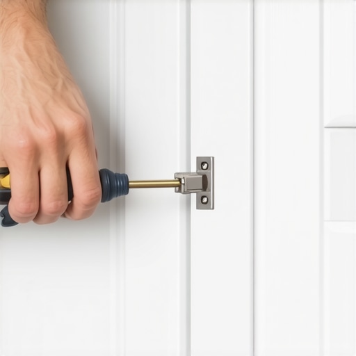 Seasonal Cabinet Hinge Maintenance Adjusting a modern kitchen cabinet hinge for perfect door alignment.