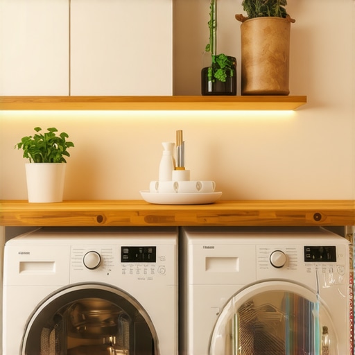 A functional laundry room layout featuring a custom countertop over laundry machines.