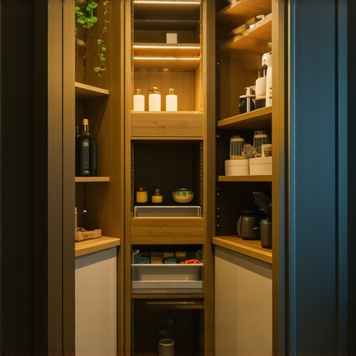 Close up of custom kitchen cabinet with removable back panel and adjustable shelving