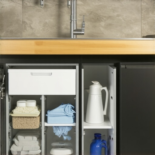 View of an organized kitchen sink cabinet featuring pull-out racks and tiered shelves designed around plumbing.