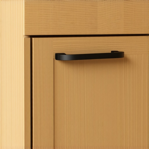 A smooth matte black D-shaped cabinet handle on a light wood kitchen drawer.
