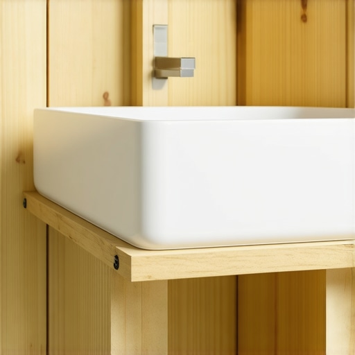 Interior view of a custom plywood sink support cradle inside a kitchen cabinet.