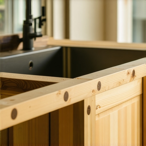 Structural Reinforcement for Farmhouse Sinks Internal view of a custom cabinet with 2x4 wooden supports installed to hold the weight of a heavy farmhouse sink.