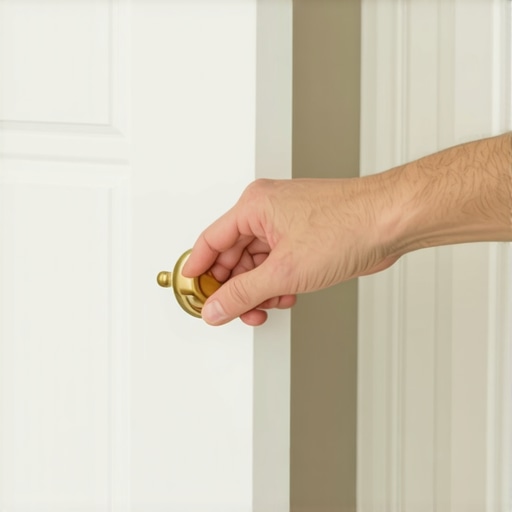 Holding a brass pull on a shaker cabinet door to test placement