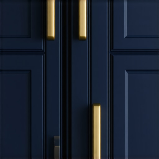 A comparison of various metal hardware samples against a dark cabinet door in a kitchen setting.