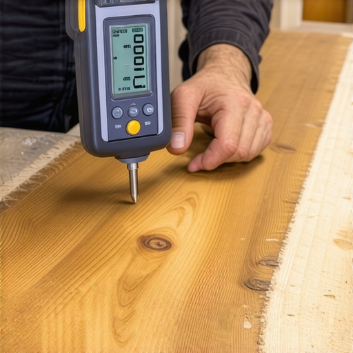 A professional woodworker checking the moisture content of walnut lumber with a digital meter to ensure structural stability.