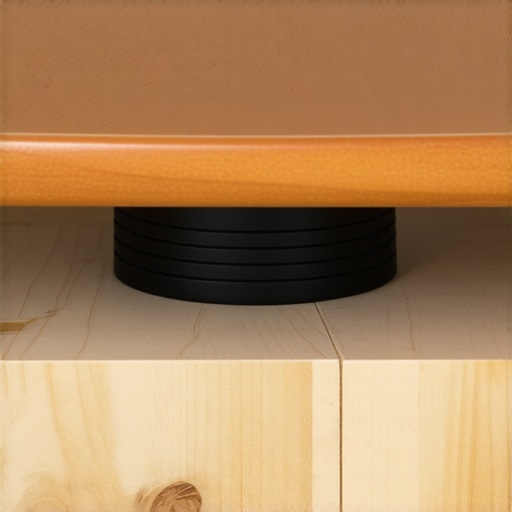 A detailed view of the metal swivel hardware under a wooden corner cabinet tray.