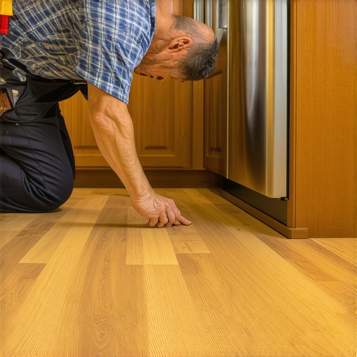 The Correct Cabinet and Floor Expansion Gap Close up of a kitchen cabinet base and floating floor showing proper expansion gap to prevent cabinet misalignment.