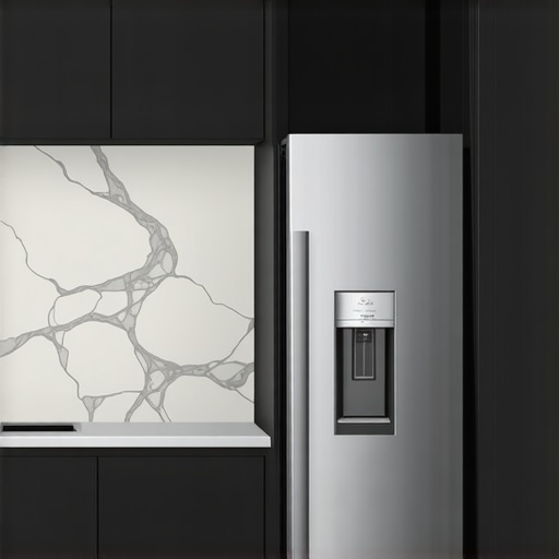 Close-up of a custom paneled refrigerator showing the clearance needed for the door swing.