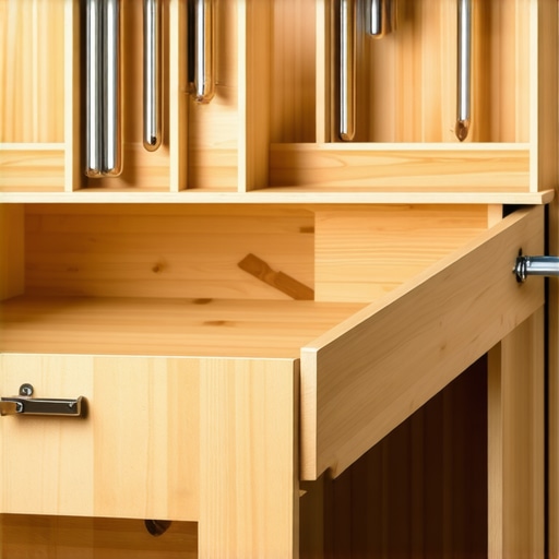 A cross-section of a maple wood kitchen drawer featuring a sliding top tray and deep bottom storage for maximum organization.