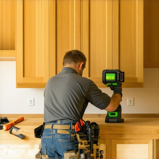 Professional laser level tool being used for custom kitchen cabinet installation.