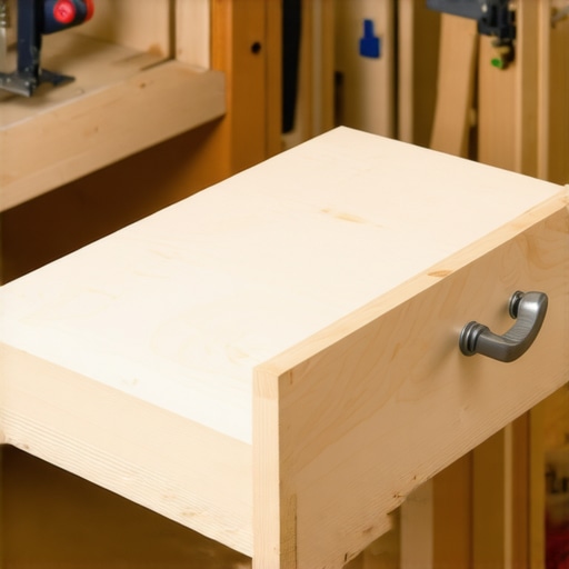 A dedicated cabinet hardware jig placed on a wooden drawer front to ensure perfectly aligned handle installation.