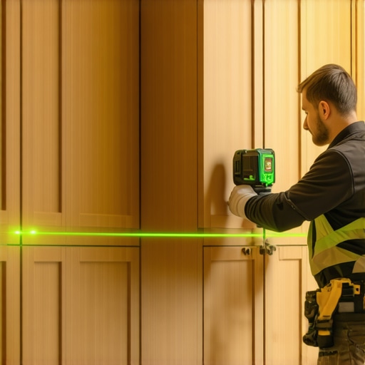 Professional woodworker using a laser level to align custom kitchen cabinets for a perfect fit.