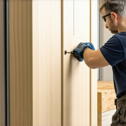 Using a Hardware Jig for Precision Alignment Professional cabinet maker using a metal jig for handle installation on custom cabinets