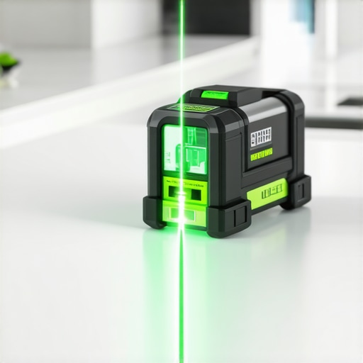 A laser level projecting a green line across handleless kitchen cabinets for precision maintenance.