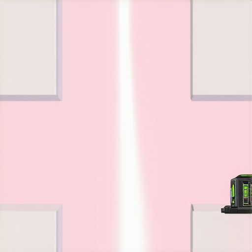 A green cross-line laser level being used to check the alignment of custom kitchen cabinets during a remodel.