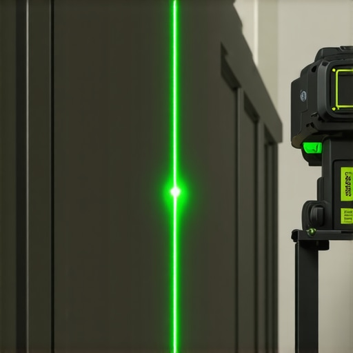 A green laser level projecting a horizontal line across custom kitchen cabinets for alignment check.