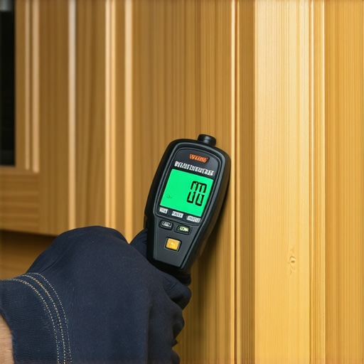 A hand holding a moisture meter against a wooden cabinet wall to check for leaks.