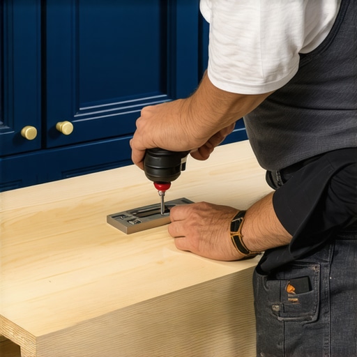 Precision hardware jig being used on a custom kitchen cabinet door